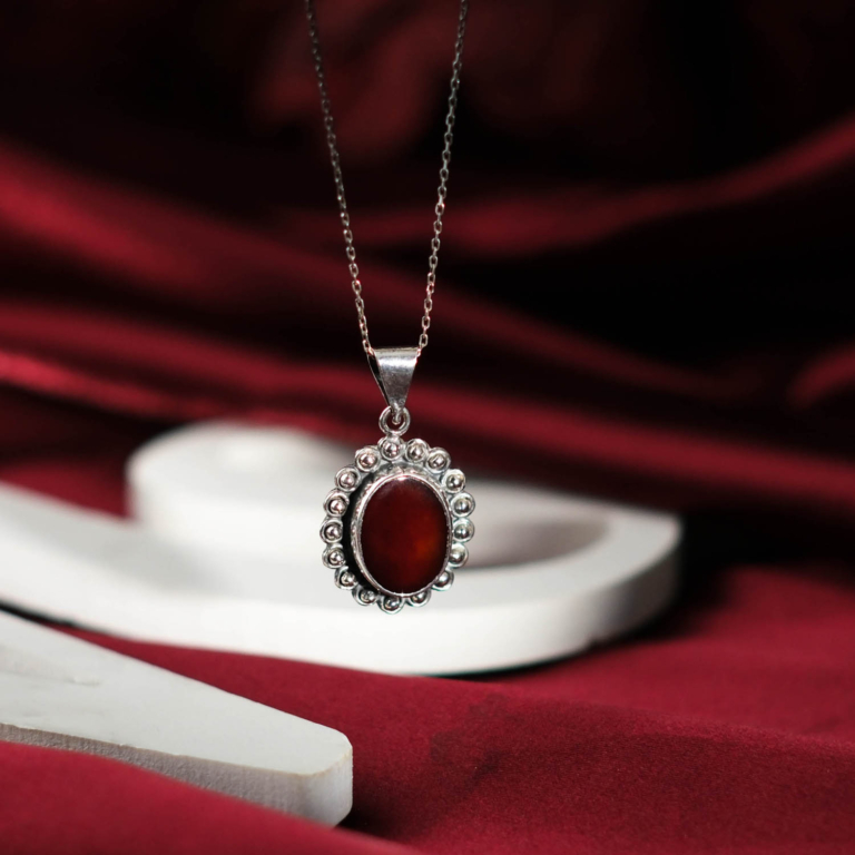 Genuine natural red agate oval cabochon beaded bezel 925 sterling silver unisex pendant necklace