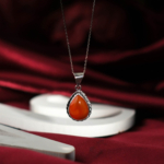 Genuine natural red carnelian agate teardrop cabochon 925 sterling silver rope frame unisex pendant necklace.