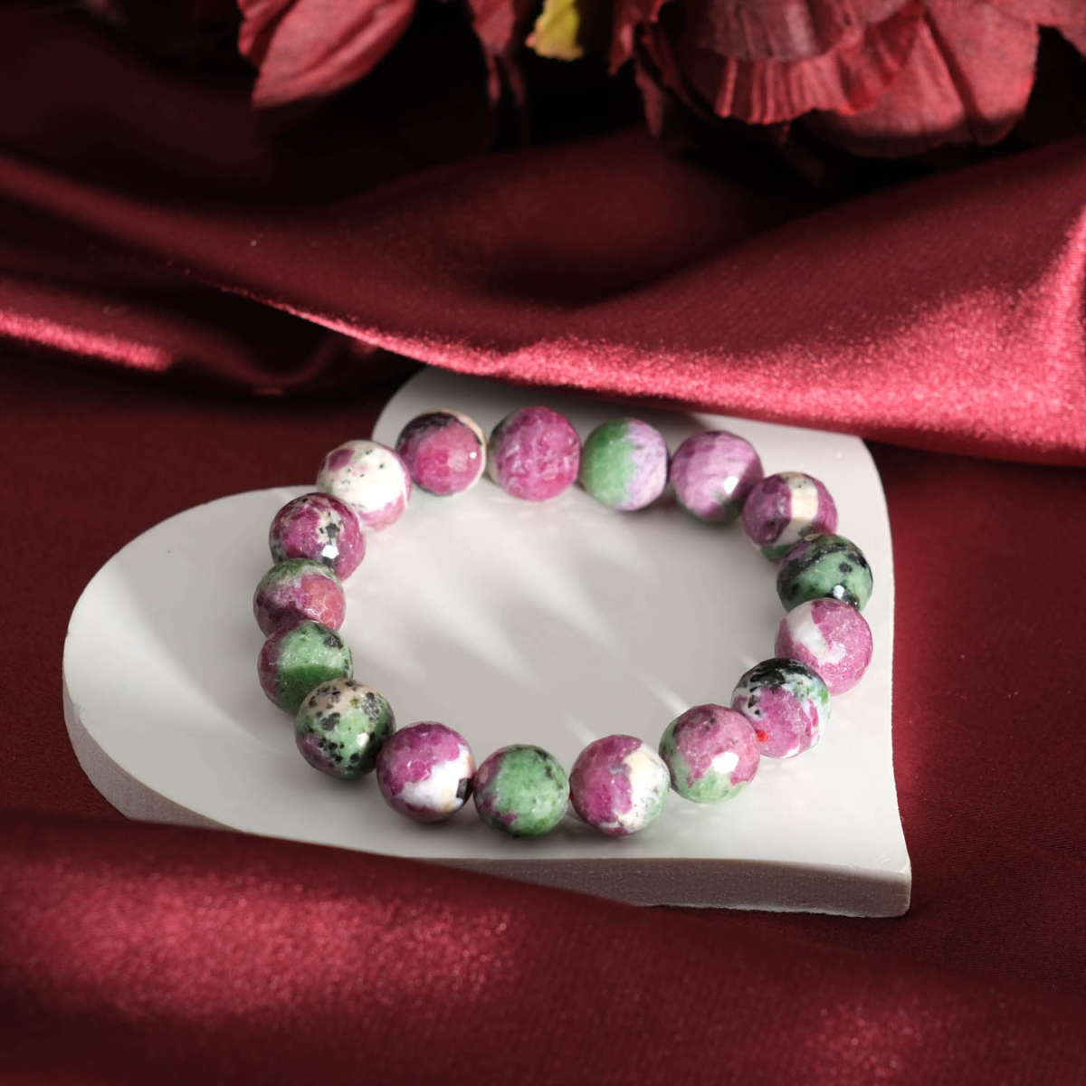 Genuine natural ruby in zoisite faceted round gemstone beads stretch unisex bracelet 11-12mm