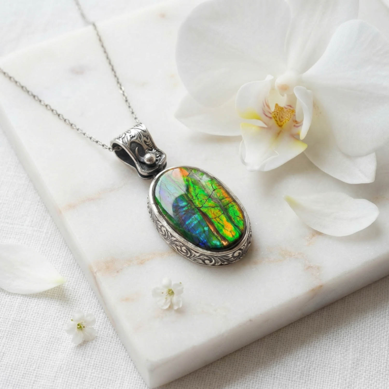 Orijinal doğal boulder opal taşı oval kabaşon kesim oksit kalem işlemeli 925 ayar gümüş tasarım kadın kolye.