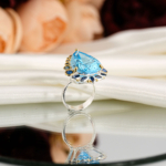 Beyaz saten kumaş ve ayna üzerinde faset damla kesim açık mavi topaz etrafında lacivert safir taşlı altın tırnaklı 925 ayar gümüş kadın yüzük.