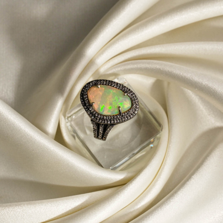 Genuine natural teardrop cabochon opal gemstone diamond mount double halo oxidized 925 sterling silver statement ring.