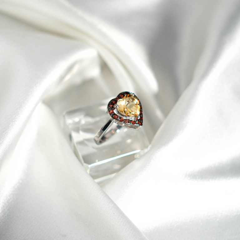 Orijinal doğal sitrin ve garnet taşlı fasetli kalp kesim 925 ayar gümüş tasarım kadın yüzük 7,05ct.